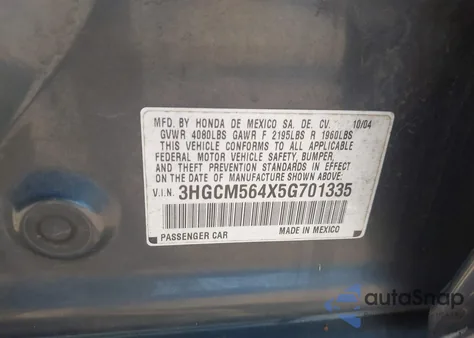 2005 Honda Accord 2.4 Lx из США, поврежденный, VIN 3HGCM564X5G701335